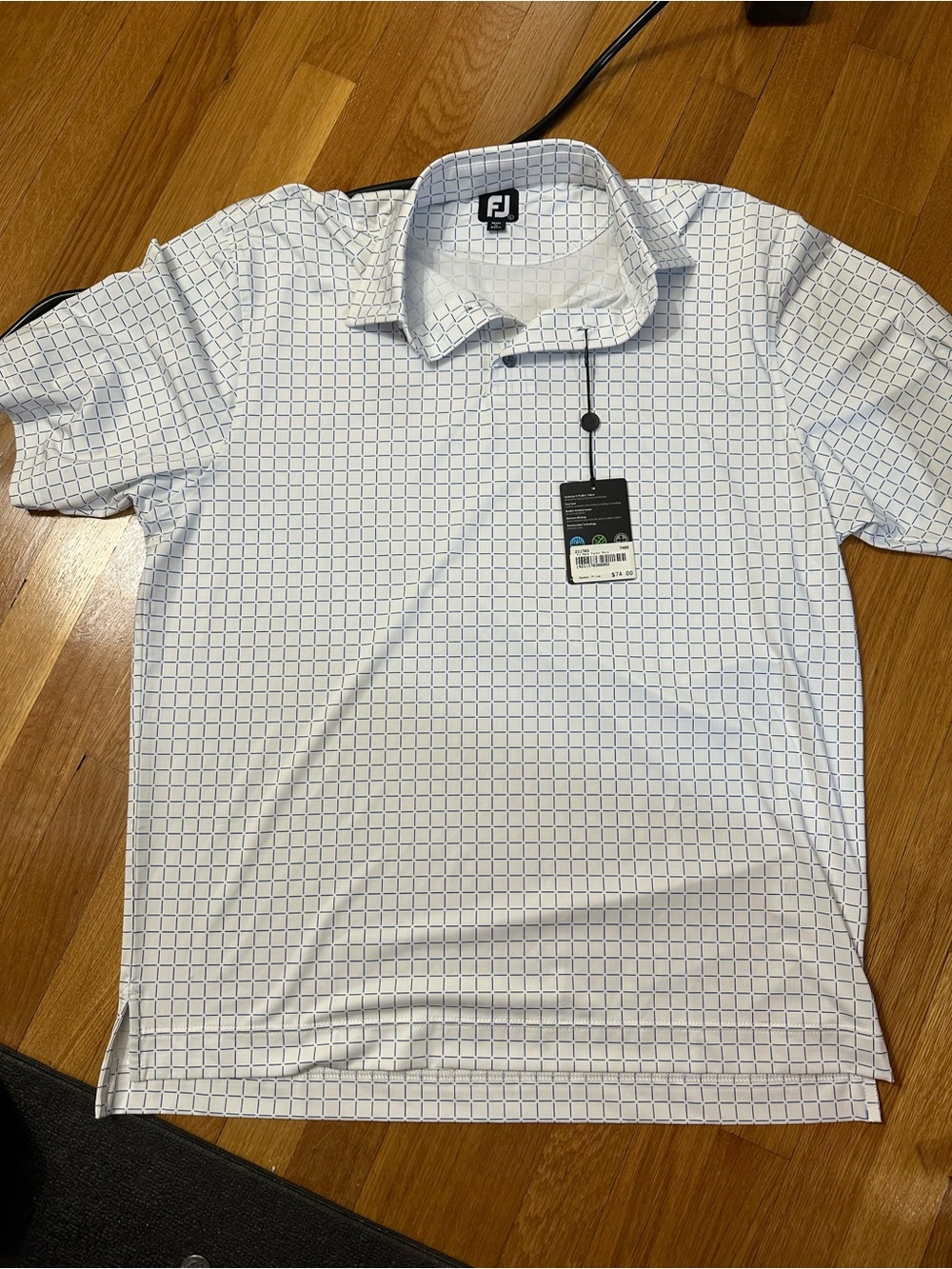 NWT FootJoy Men’s Large White Polo with Navy Grid Pattern see measurements